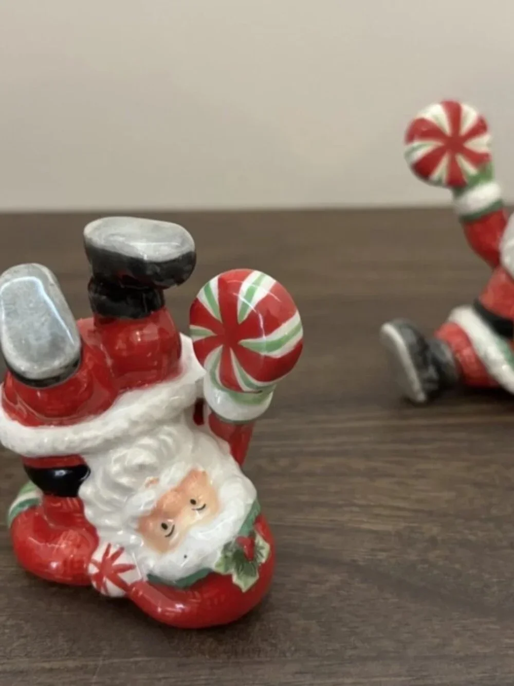 Vintage Fitz & Floyd Peppermint Santa Tumblers Miniature Ceramic Figures 2 inch